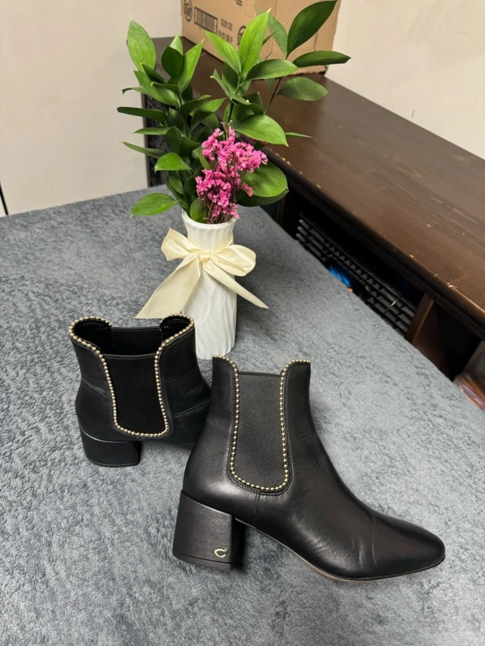 Coach Black Ankle Booties with Gold Bead Trim